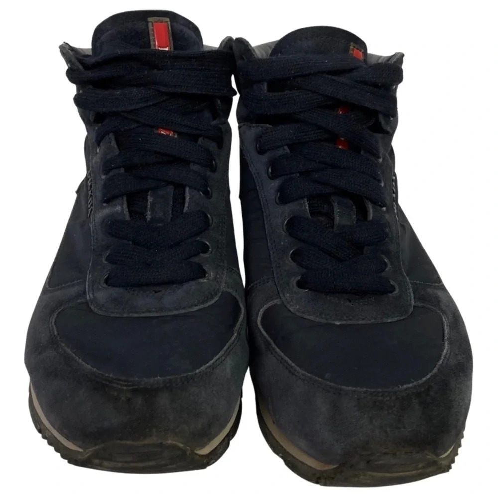 Prada Hightop Sneakers Mens Size 6 Womens 8 Unisex Retro Navy Blue Suede Shoes - Picture 8 of 16